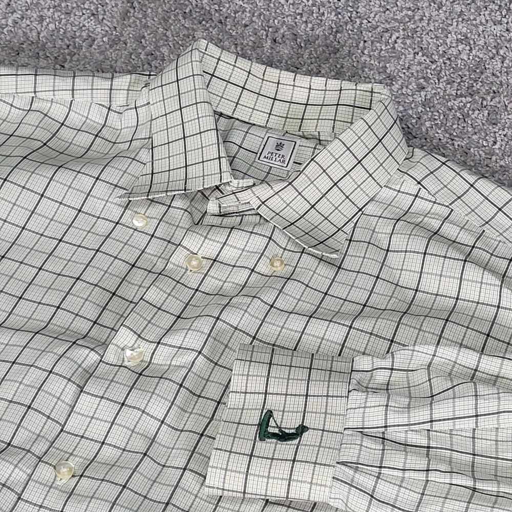 Peter Millar White Plaid Button-Down Shirt with Green Accent